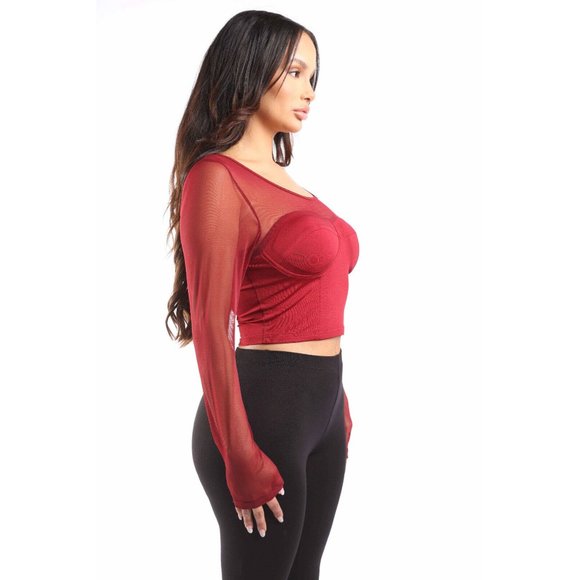 Women's Mesh Long Sleeve Blouse Top Scoop Neck Cropped Style Open Back Comfy - Picture 7 of 9